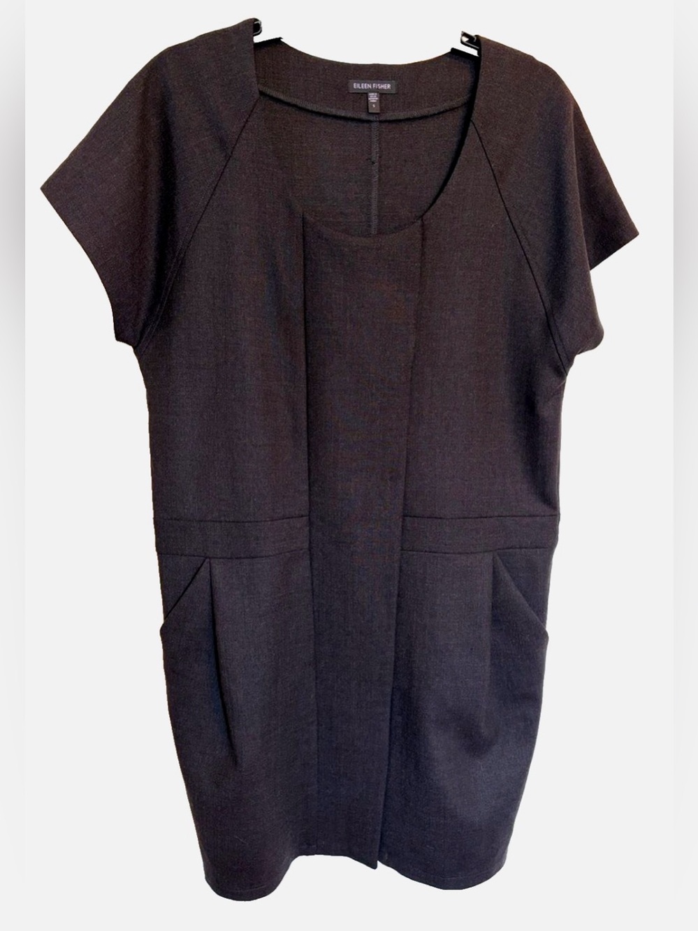 Eileen Fisher Sample Wool Blend Shift Dress S Black Snap Front Architectural